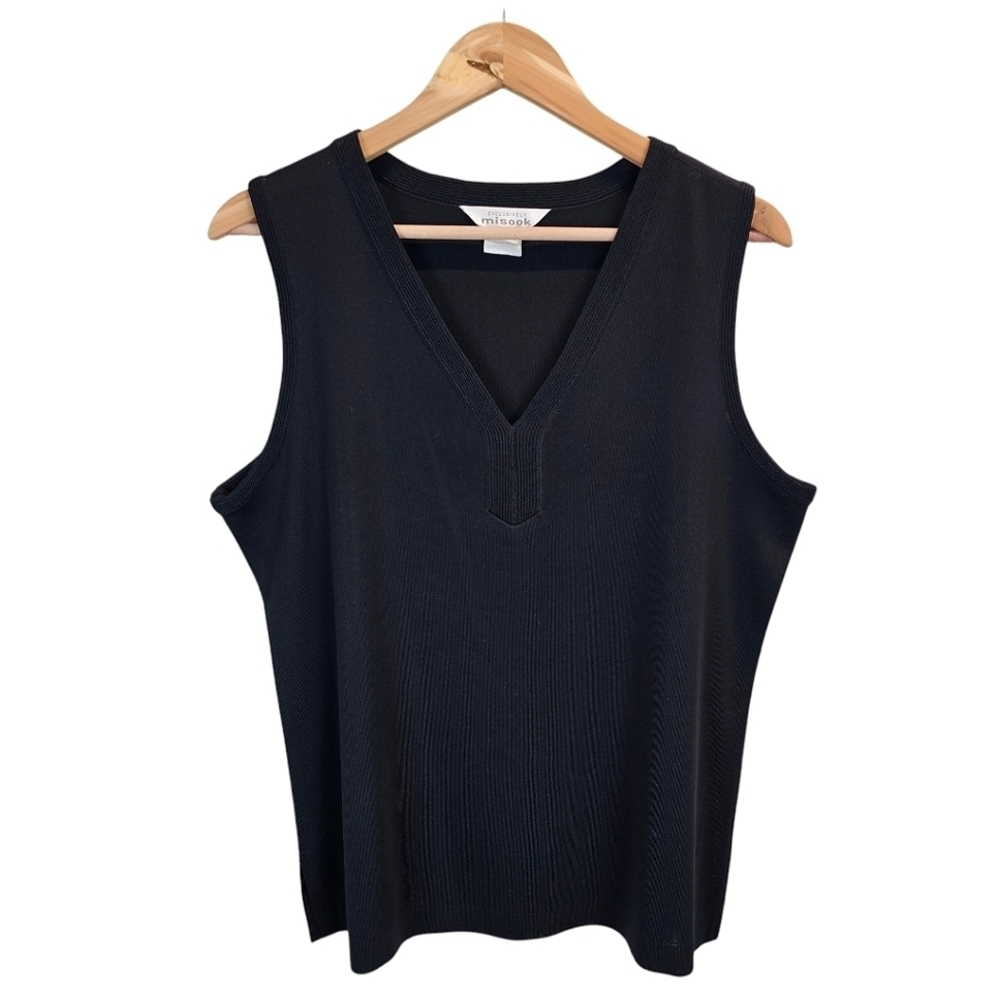 Exclusively Misook Black Knit V-Neck Sleeveless Tank Top Size XL Stretchy Career